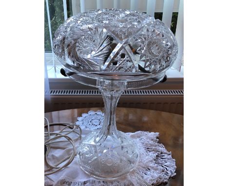 Cut glass mushroom table lamp, 46cms h, shade approx, 32cms, twin light fittings.Condition ReportVery good condition.