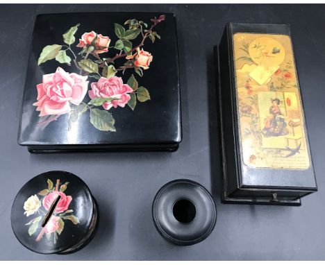 A selection of black lacquered ware items to include a 2 drawer Clark &amp; Co Anchor sewing cottons box 22cms w, a lidded sq