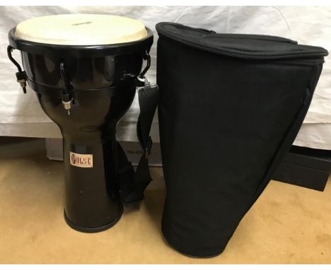 Stagg Djembe drum, 12 inch pad, wood case, height 57cms, with carry strap and travel bag, nut tensioning of skin.