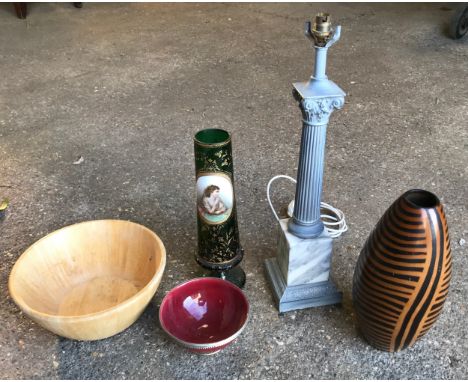 A mixed lot to include Victorian green glass vase with painted ceramic plaque 36.5cms h, tall metal and marble table lamp 58c