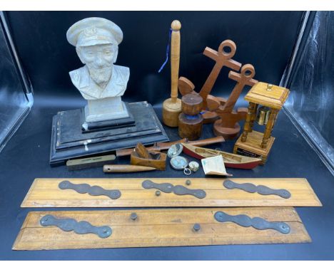 Miscellany to include 2 marine rulers, two wooden anchors, wooden pestle, wooden seam rubber, 19thC sailor's fid, small woode