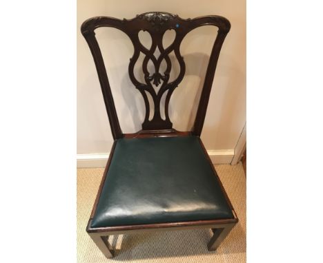 An 18thC mahogany single dining chair with drop in seat on the Chippendale style.Condition ReportOld repair to back, slight w