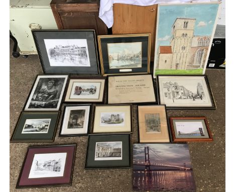 Fifteen assorted framed prints, various subjects to include Wigan Pier, Wells Cathedral, York Guildhall, Humber Bridge etc.Co