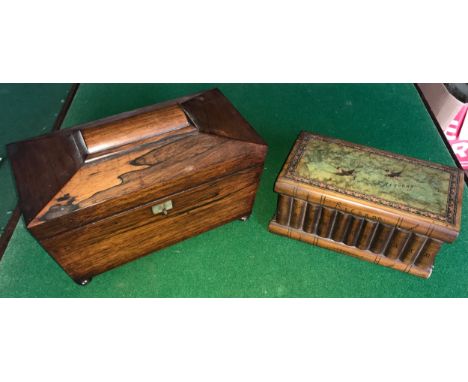 A Victorian rosewood sarcophagus tea caddy 30cms w x 16cms d x 19cms h approx. and a walnut trinket jewellery box in bookshel