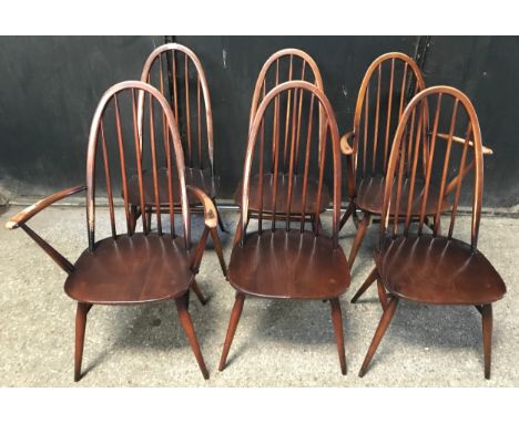 Six Ercol Quaker original dining chairs, 2 Elbows, 4 singles.Condition ReportUsed condition, no labels to base.