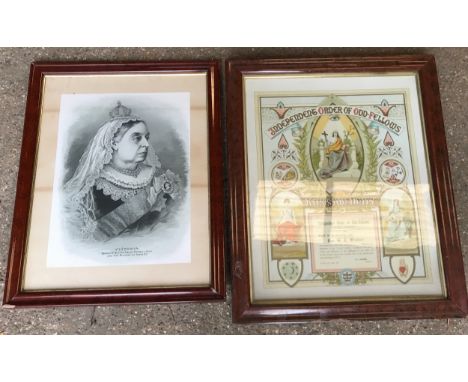 Pair of framed prints, Queen Victoria, print size 49 h x 37cms w and a Laceby District Independent Order of Odd-Fellows, prin