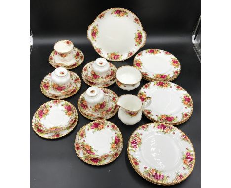 A selection of Royal Albert Country Roses to include cake plate 26cms d, 12 plates 21cms d, 6 side plates 16cms d, 6 saucers,