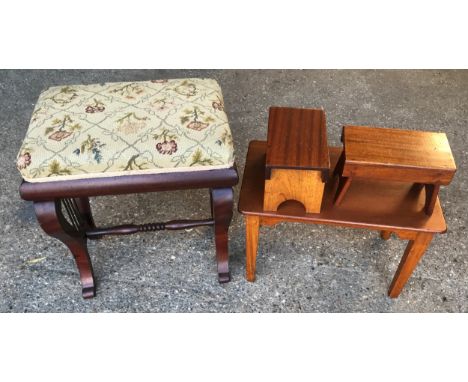 Victorian mahogany piano stool, upholstered seat. 55 h x 49 w x 36cms d, together with a small mahogany side table and 2 maho