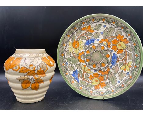 A Crown Ducal Charlotte Rhead "Ankara" pattern charger number 5983,  31cms d together with a Charlotte Rhead vase 20cms h.Con