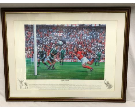 Football print of Euro 2000 'Perfect Finish' by P Cornwell 84/600. Print size 46cms h x 64.5cms w.Condition ReportMinor chip 