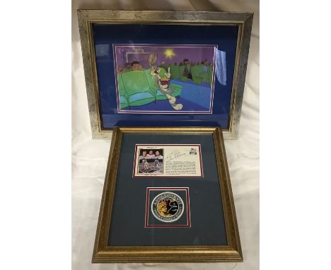 A framed and signed Colorado silk cachet postcard autographed by astronaut Gene Cernan with patch for Apollo XVII. Frame size