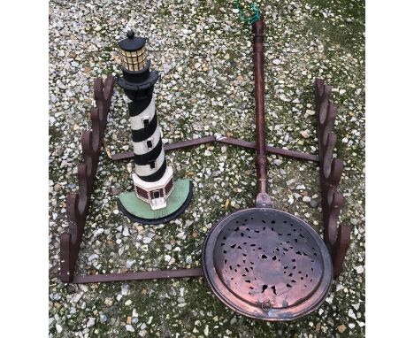 A wall mounted folding telescope rack shelf 69cms h x 70cms open, a copper bed pan and a painted cast iron ornament of a ligh