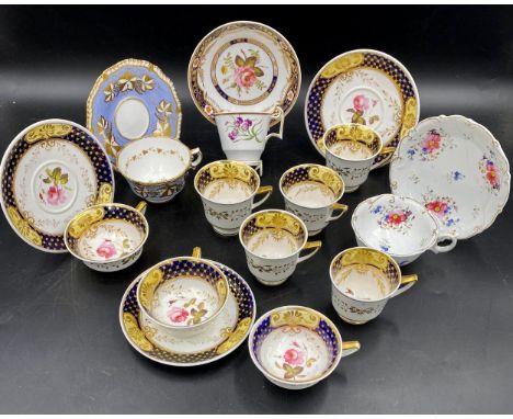 A collection of 19thC porcelain cups and saucers to include one Spode, 5 other cups and saucers and 5 coffee cans.Condition R