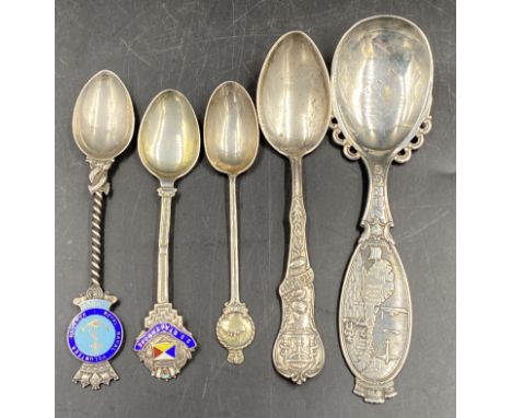 Three hallmarked silver teaspoons 52.5 grams to include Royal Naval Volunteer Reserve, London Teaspoon Mappin &amp; Webb, Bir