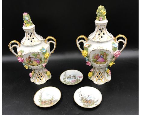 Two Continental 20thC lidded vases 30cms h together with 3 pin trays marked A K Kaiser W.Germany 10cms d and 3 cups with sauc