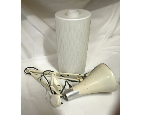 Mid century white glass light shade, approx 32 h x 16cms w, together with a wall mounted angle poise lamp.Condition ReportGla