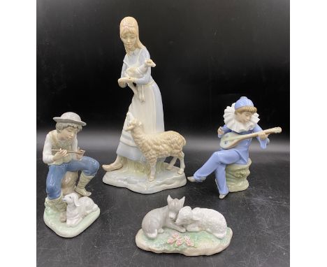 Four figurines to include Lladro Nao Harlequin strumming a mandolin DA1SA 1988, 18cms,  Lladro Nao boy with lamb playing flut