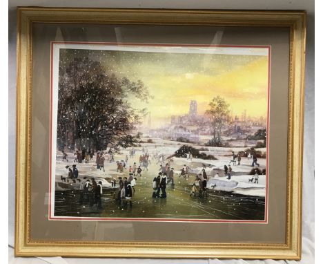 A framed print by Braaq of Winter town scene with skaters on a frozen lake. Print size 46 x 57cms. Possibly from a calendar.&