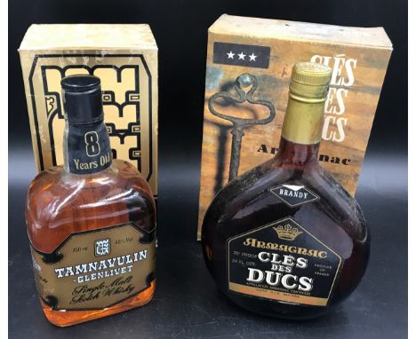 Tamnavulin Glenlivet 8 year old Single Malt Scotch Whisky, 750ml, sealed at cap, with packaging box and a bottle of Armagnac 