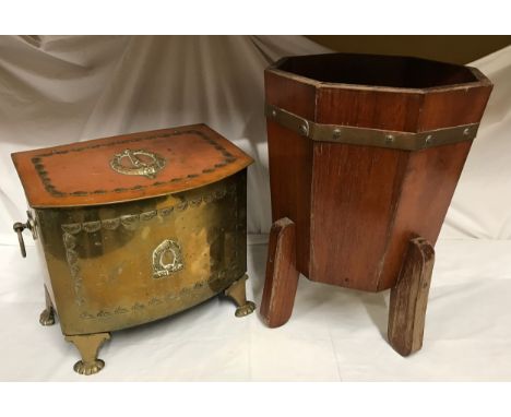A lidded brass coal box with ring handles 32cms h x 38cms w x 28cms d together with an octagonal brass bound oak planter 48cm
