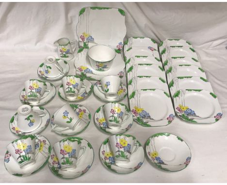 Heathcote China floral decorated tea set, The Lea design, 10 cups 7.5cms h, 11 saucers 14cms w, 12 side plates 17cms w, 2 cak