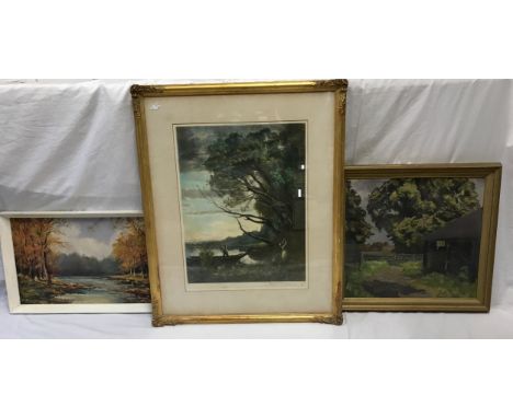 A collection of 3 pictures of woodland scene 2 x oil on board and unsigned and 1 x signed print indistinctly to both right. L