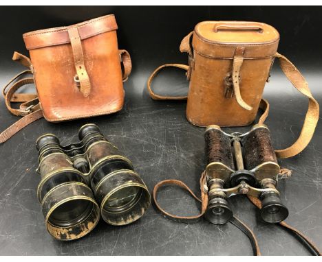 Two pairs of brass cased leather mounted binoculars, with cases. One pair Ross London No 5963 with date 11/7/1900.Condition R