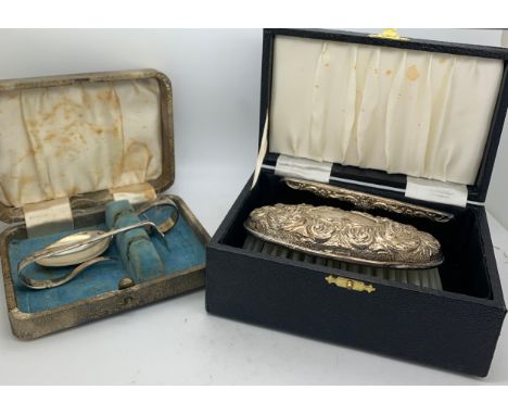 Boxed silver brush &amp; comb together with a boxed baby spoon &amp; pusher, inscribed to spoon and pusher.