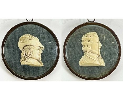 PAIR CARVED IVORY PORTRAIT MEDALLIONS, probably French, of King Charles I and Oliver Cromwell, in domed circular glazed cases