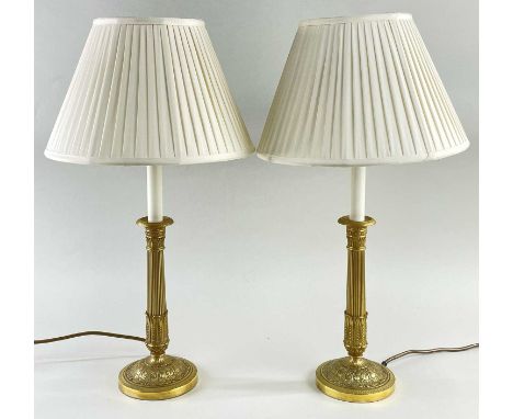 PAIR OF MODERN EMPIRE-STYLE GILT BRASS CANDLESTICK TABLE LAMPS, 43cms high (to fitting) (2)