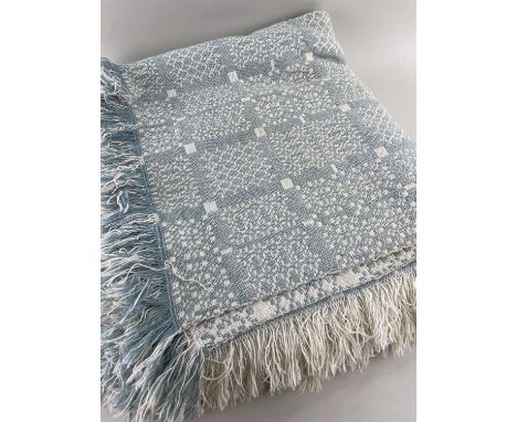 VINTAGE WELSH REVERSIBLE TAPESTRY BLANKET, white and blue ground with fringe, 232 x 206cmsProvenance: private collection Devo