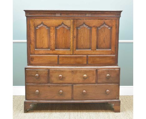 EARLY 19TH CENTURY WELSH OAK CUPBOARD, probably Carmarthenshire, shaped shallow cornice above chequer strung frieze, fielded 