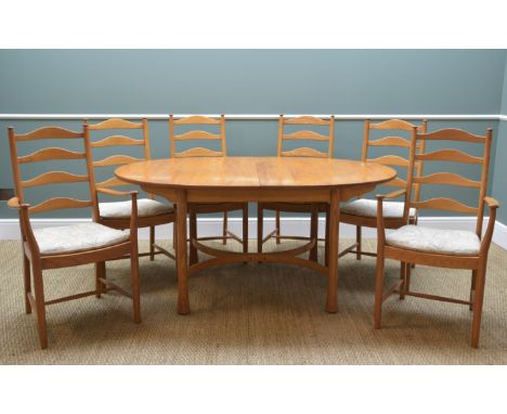ERCOL PALE ELM DINING SUITE, comprising Saville '821' extending table with curved X-stretcher, 212cms long (extended), and si