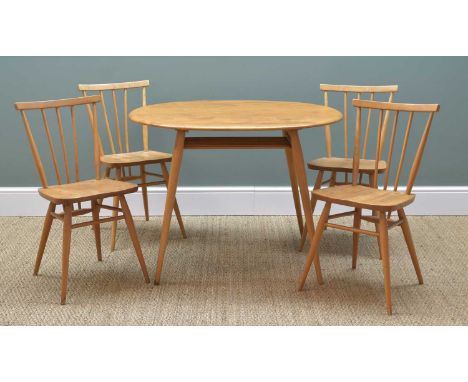 ERCOL ELM BREAKFAST TABLE, with spindle undertier,, 99cms wide and set four '391' stick back CHAIRS (5)