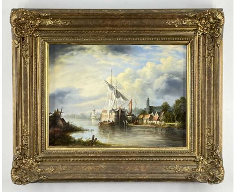 R. CAVATTA, oil on panel - 19th Century Dutch river scape with man-o-war, church and windmill, signed, 30 x 40cms