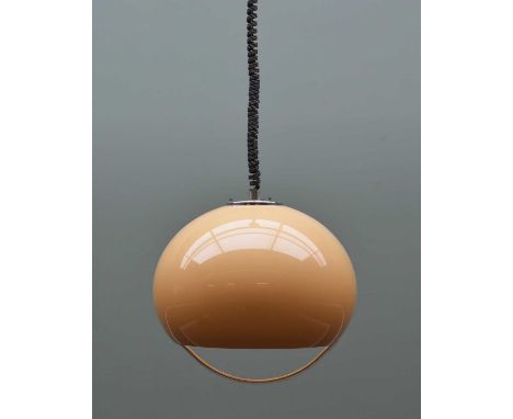 HARVEY GUZZINI FOR MEBLO ITALY: RISE & FALL PENDANT LIGHT, model 3024, caramel acrylic shade with chrome pull bar and tension