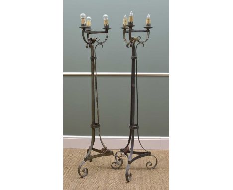 PAIR WROUGHT IRON TRIPOD STANDARD LAMPS, 154cms h (2)Comments: light fittings loose, in need of attention, not safety tested,