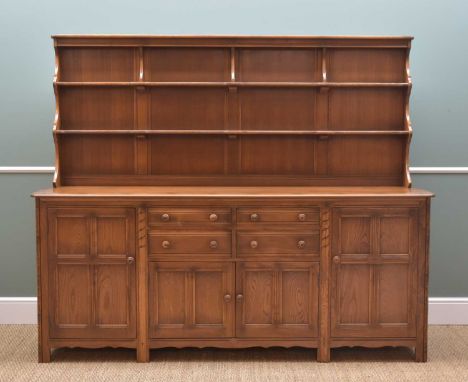 ERCOL 'OLD COLONIAL' ELM DRESSER, golden dawn finish, low delft rack above base fitted cupbaods and drawers, 176h x 213cms wi