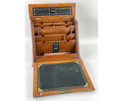 VICTORIAN OAK STATIONERY BOX, hinged top and angled fall with carry andble and lock respectively, fitted interior of inset to