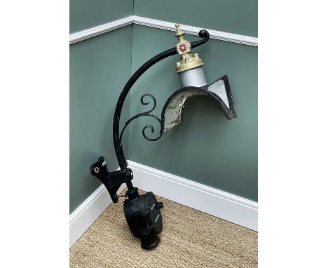 REVO OF TIPTON CAST IRON STREET LAMP, arched neck supporting open mirror reflector, wall bracket, junction box, later painted