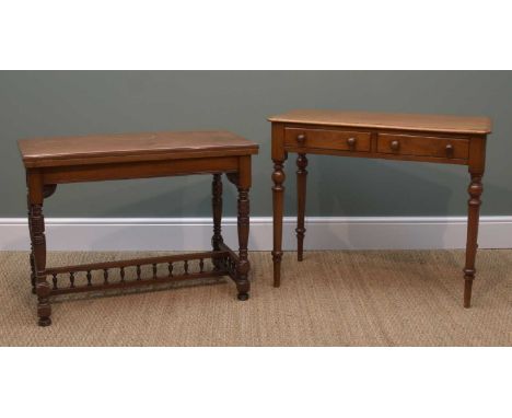 TWO VICTORIAN WALNUT TABLES, comprising side table fitted with two frieze drawers on turned legs, 90cms wide, and games table