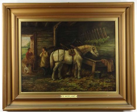 AFTER GEORGE MORLAND oil on canvas - Cart Horse in a Stable drinking form a trough, with attendant groom, bears signature, at