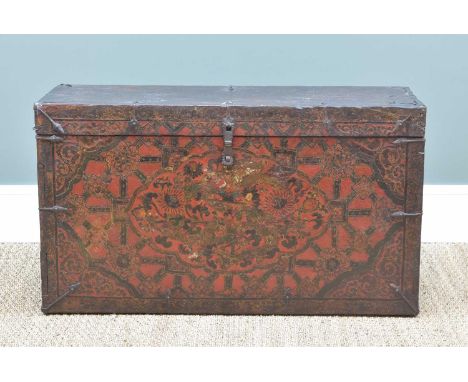 17TH CENTURY-STYLE TIBETAN PAINTED & LACQUERED 'DRAGON' STORAGE CUPBOARD, decorated with a sinuous dragon and lotus flowers w
