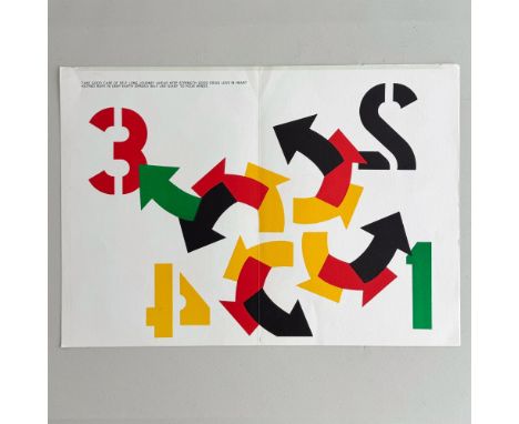 Original double leaf color lithograph and poem on BFK Rives paper by Robert Indiana entitled Four Winds. The verso includes t