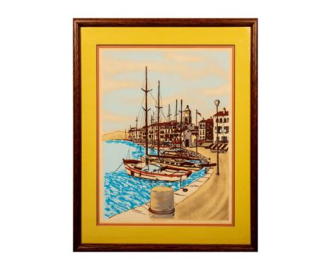 Splendid large color lithograph of French Riviera's world renowned harbor of St-Tropez made with vibrant blue waters that ref
