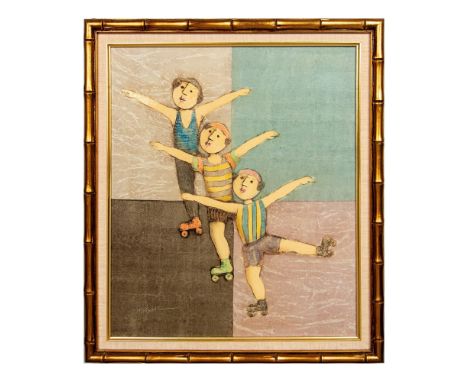 Large original acrylic on canvas painting by British painter Joyce Roybal who has depicted three figures holding their balanc