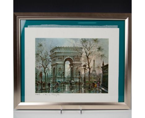 Color lithograph on paper of the Arc de Triomphe in Paris on a rainy day by French Impressionist painter and sculptor Maurice