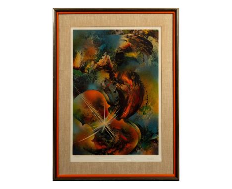 Large original lithograph on paper by Mexican painter and sculptor Leonardo Nierman who combined colorful abstractions that m