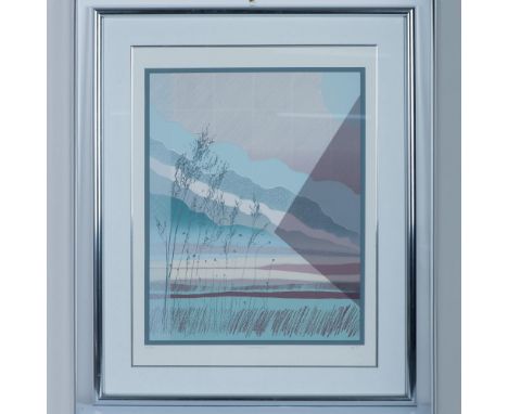 Large original color lithograph entitled Cloudscape I of an abstracted landscape where rows of clouds falling onto the horizo