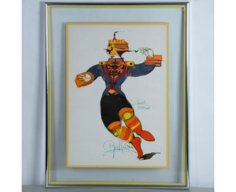 This large offset color lithograph on laid paper is applied to a straw yellow color board set in a double-sided glass frame. 